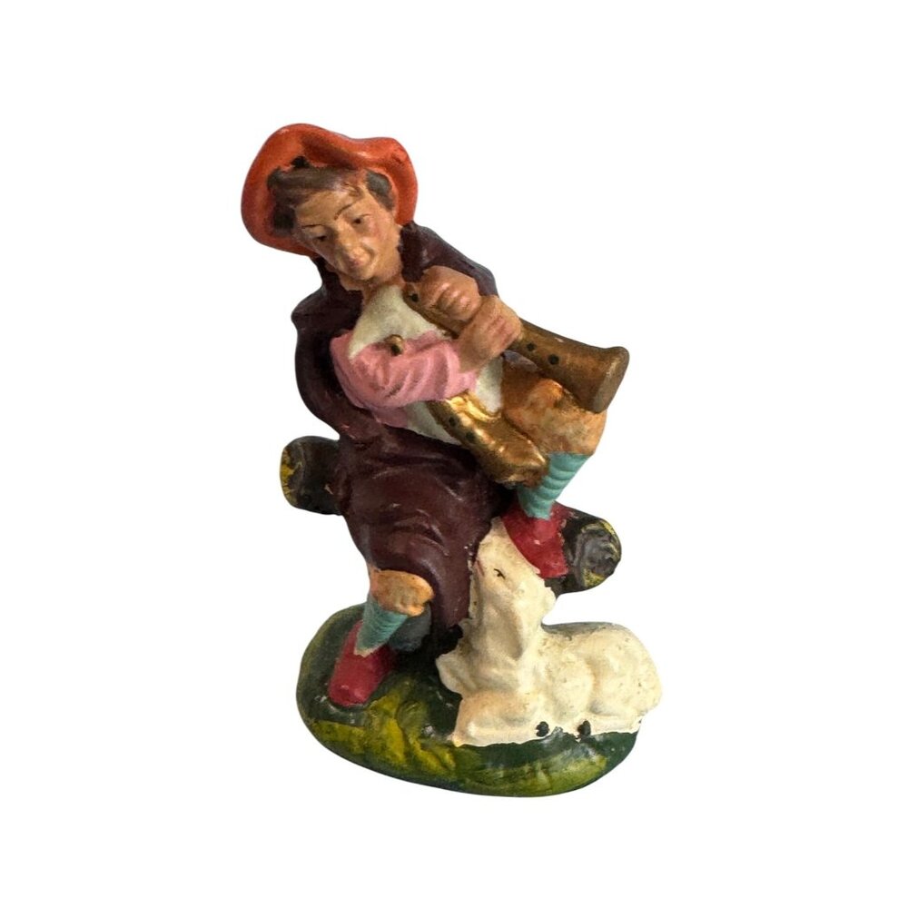 Midcentury Paper Mache Shepherd w/Horn Figurine Japan 4.5" Multicolor Handmade